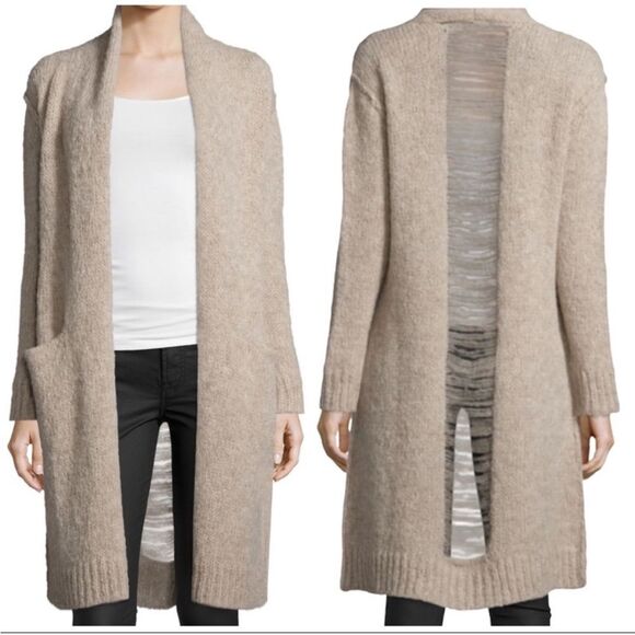 Current Elliott Long Slash Pocket Open Front Alpaca shredded Cardigan beige 1 /S - Picture 1 of 11
